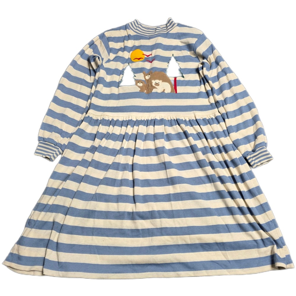 Vintage Melissa Jackson Bear Graphic Long Sleeve Dress Girl's Sz 10 Blue Striped